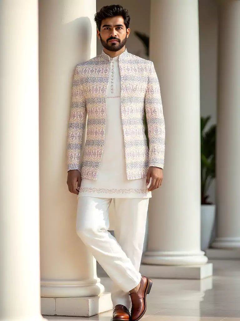Image of Warm White Elegance Thread Embroidery Georgette Floral Design Indo - Open Jacket - South India Shopping Mall