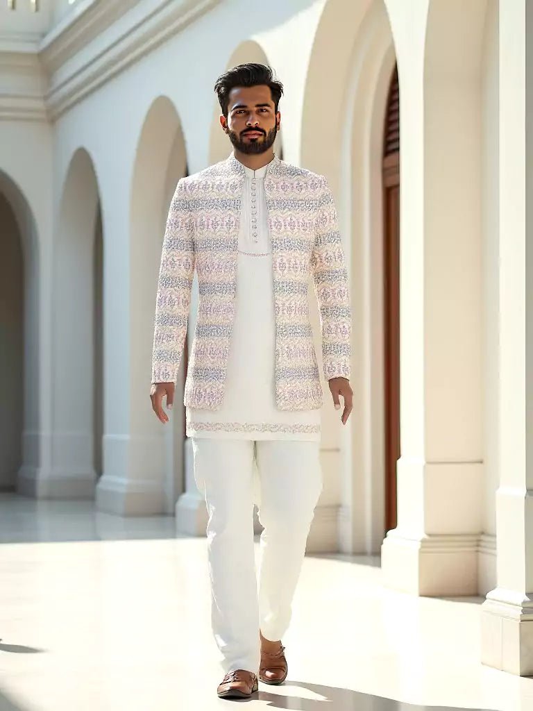 Image of Warm White Elegance Thread Embroidery Georgette Floral Design Indo - Open Jacket - South India Shopping Mall