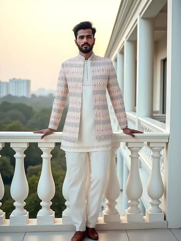 Image of Warm White Elegance Thread Embroidery Georgette Floral Design Indo - Open Jacket - South India Shopping Mall