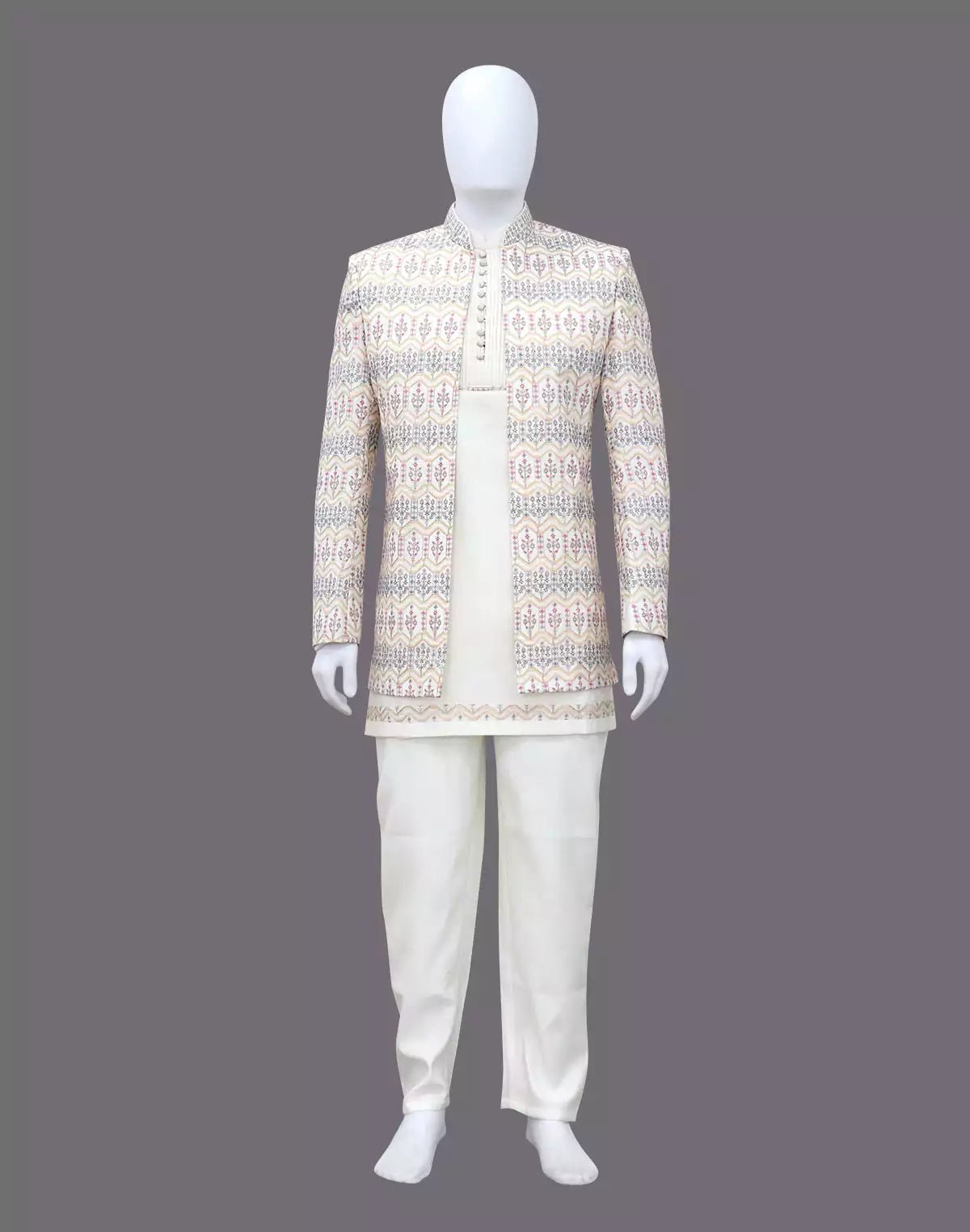 Image of Warm White Elegance Thread Embroidery Georgette Floral Design Indo - Open Jacket - South India Shopping Mall