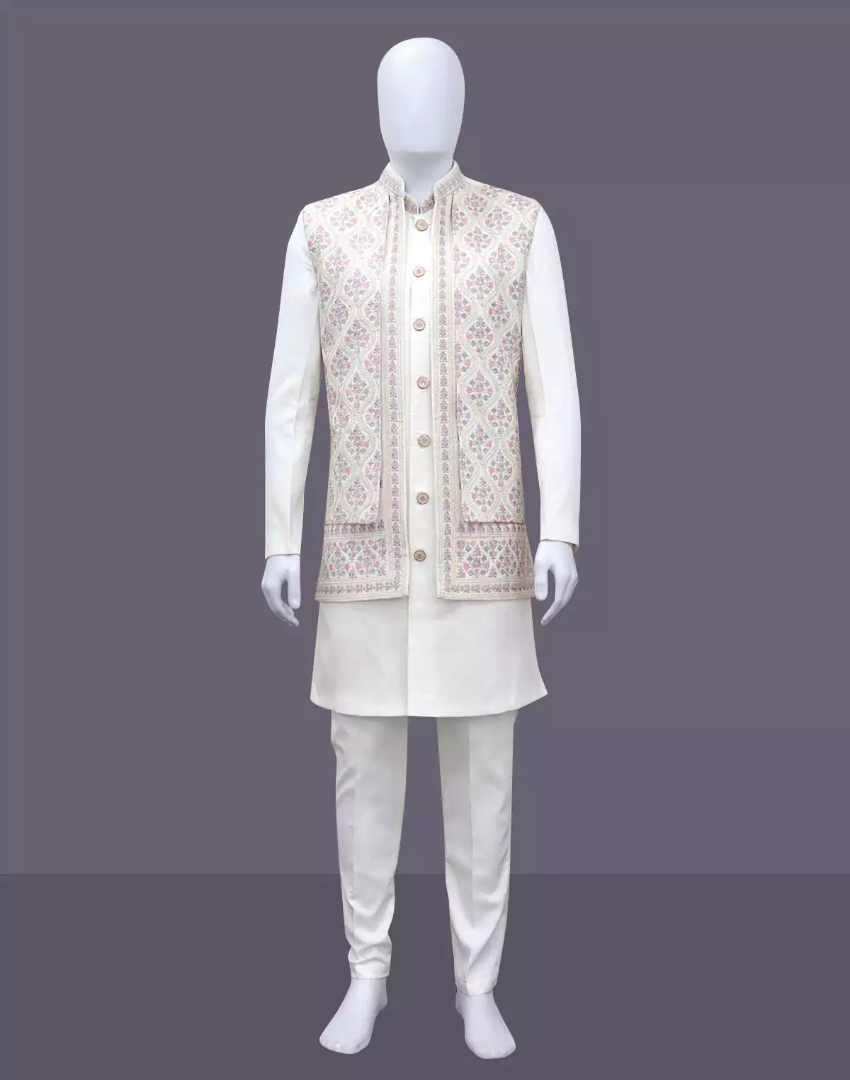 Image of Warm White Floral Embroidery Design Georgette Indo - Open Jacket Style - South India Shopping Mall