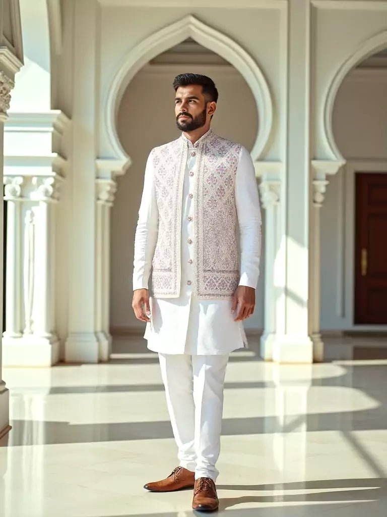 Image of Warm White Floral Embroidery Design Georgette Indo - Open Jacket Style - South India Shopping Mall