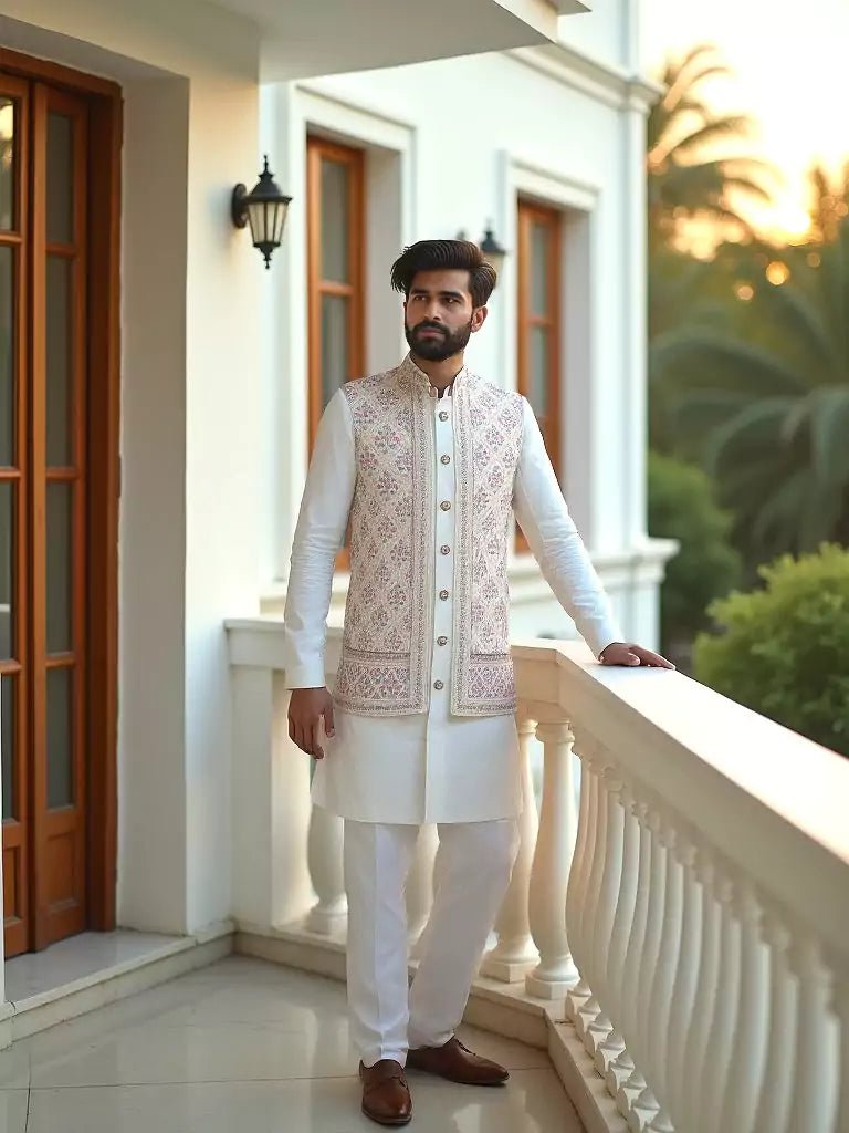 Image of Warm White Floral Embroidery Design Georgette Indo - Open Jacket Style - South India Shopping Mall