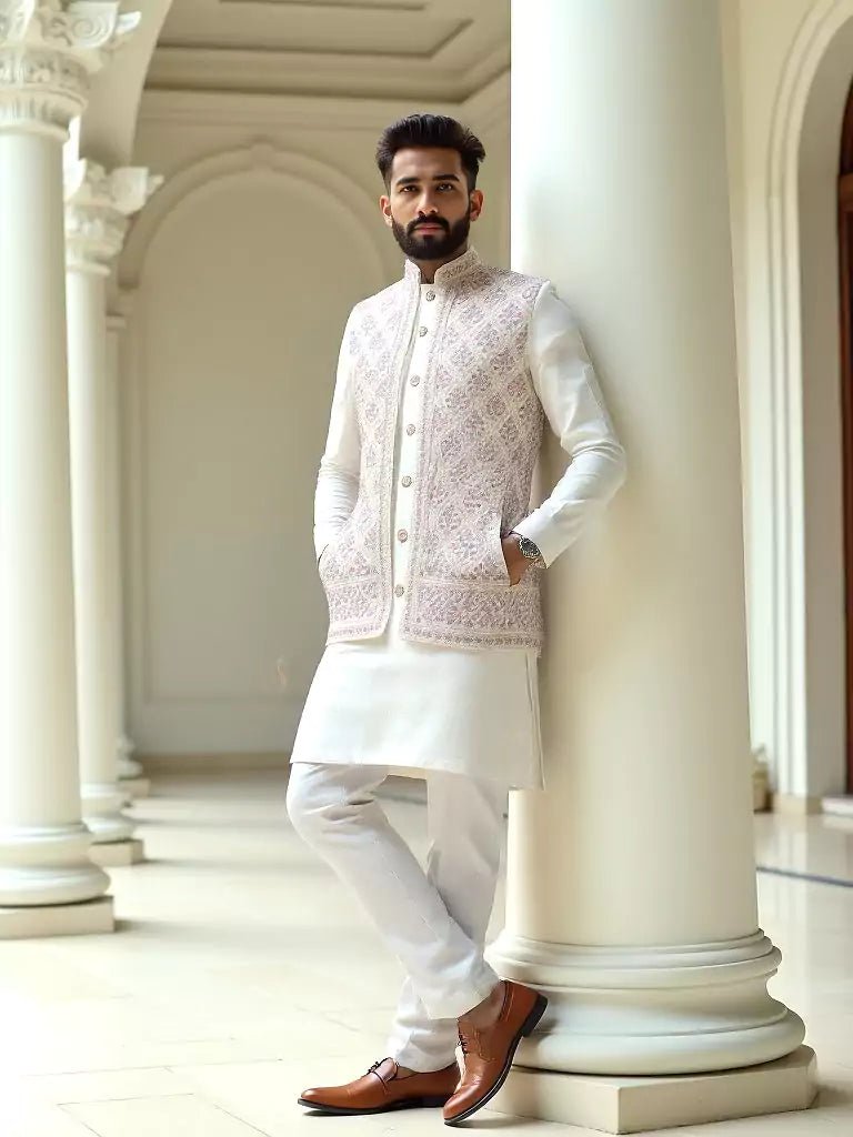 Image of Warm White Floral Embroidery Design Georgette Indo - Open Jacket Style - South India Shopping Mall