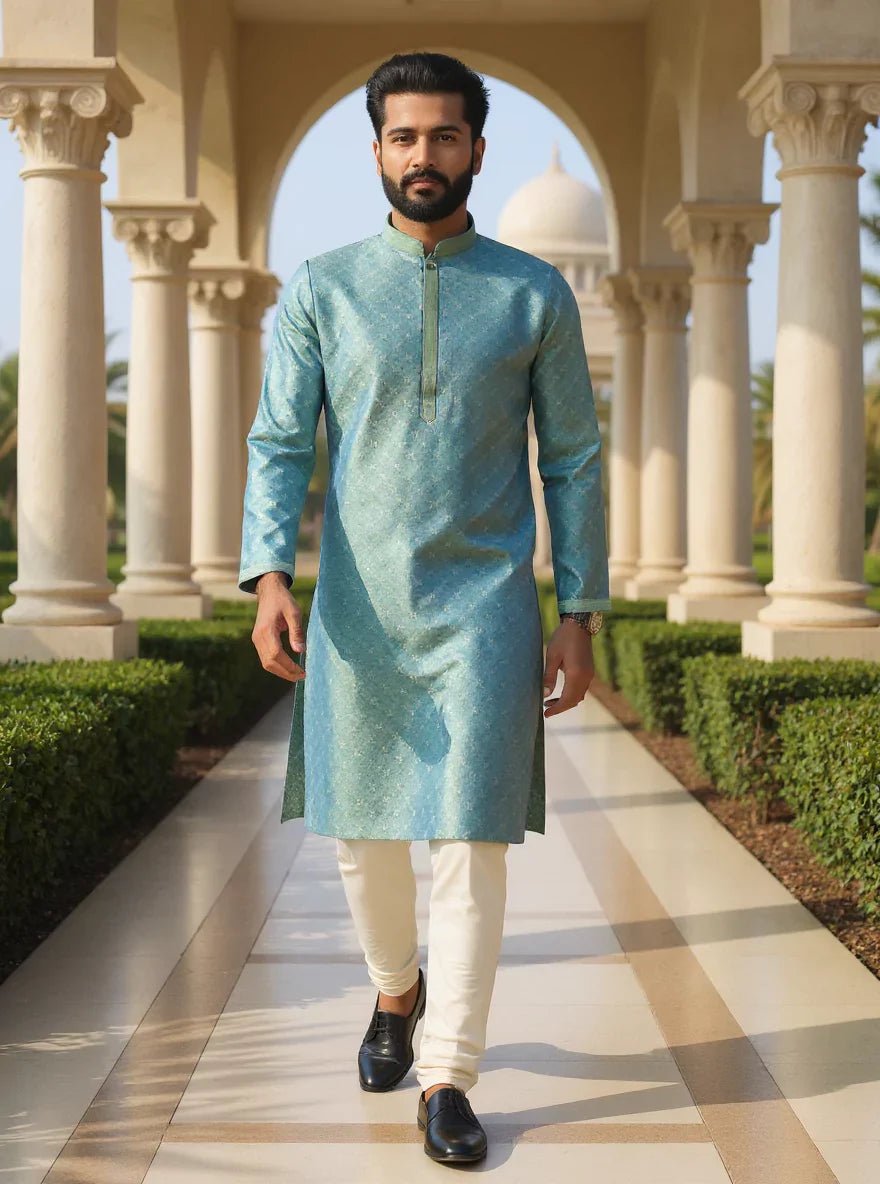 Image of Weaving with Zari Butta's Self Design Jacquard Pista Kurta Pyjama Set - South India Shopping Mall