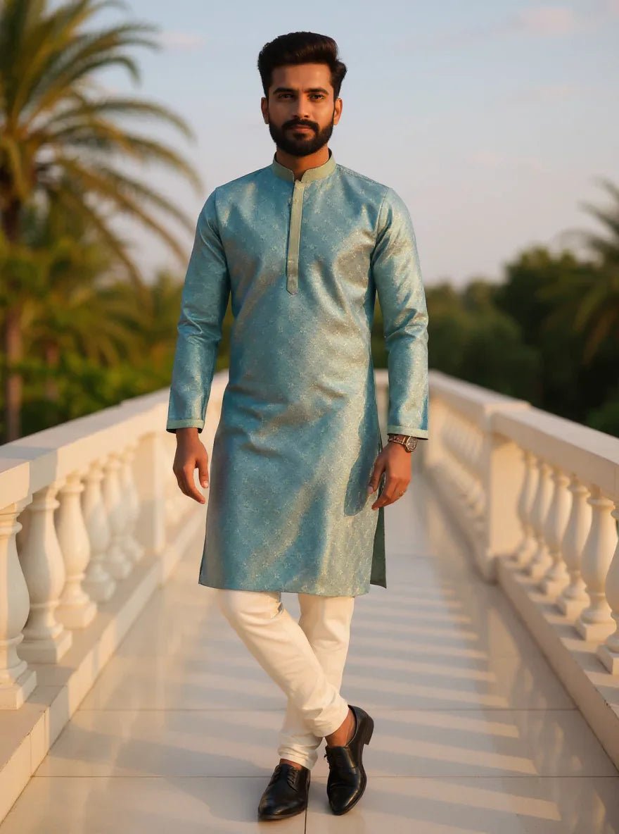 Image of Weaving with Zari Butta's Self Design Jacquard Pista Kurta Pyjama Set - South India Shopping Mall