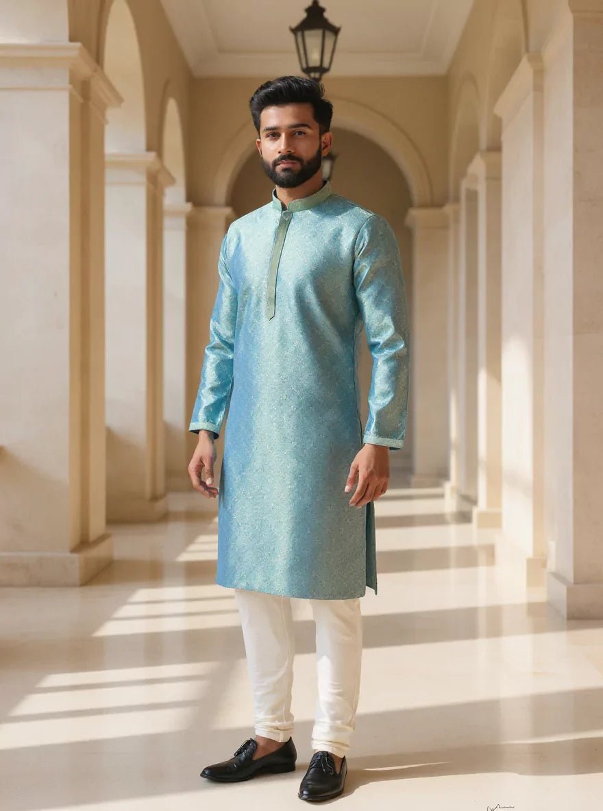 Image of Weaving with Zari Butta's Self Design Jacquard Pista Kurta Pyjama Set - South India Shopping Mall