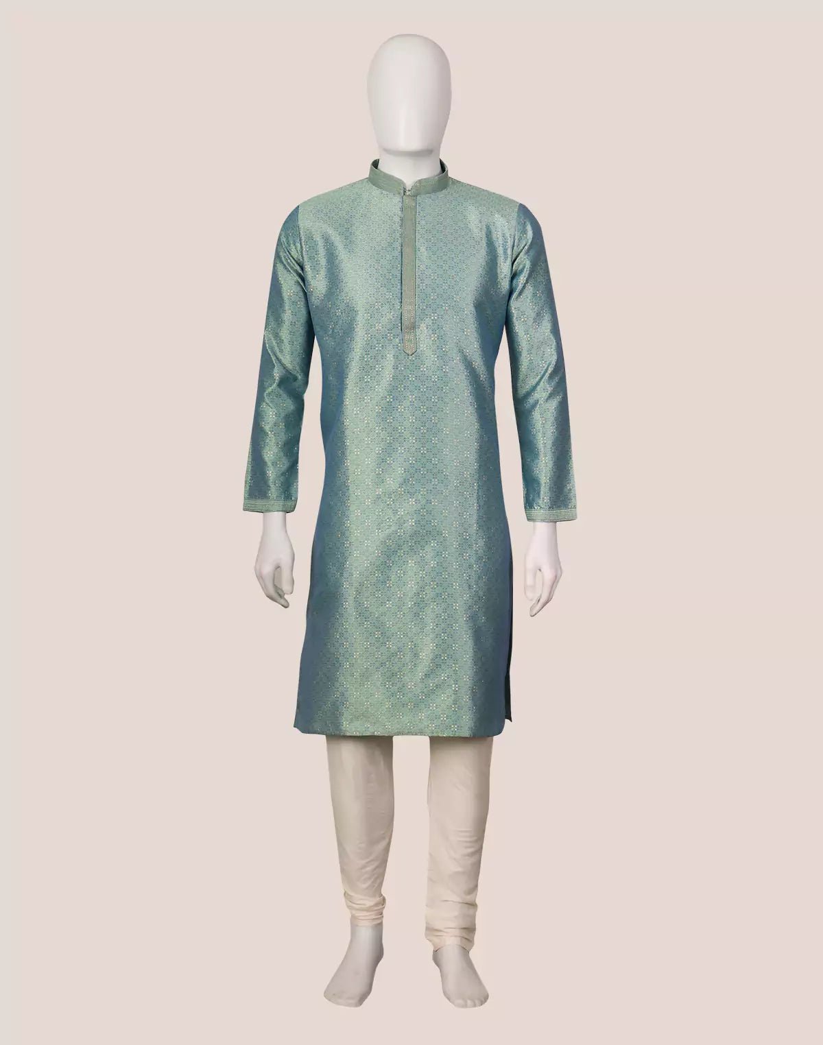 Image of Weaving with Zari Butta's Self Design Jacquard Pista Kurta Pyjama Set - South India Shopping Mall