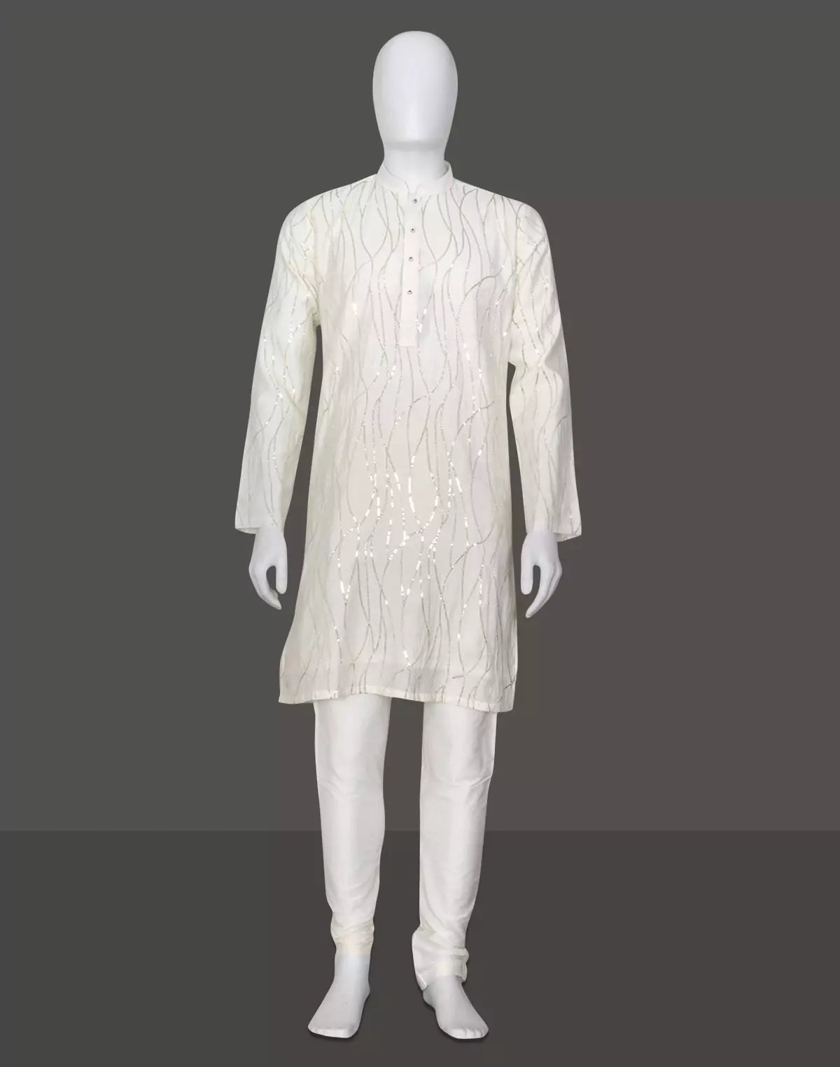 Image of White All Over Sequence work Raw Silk Elegant Kurta Pyjama Set - South India Shopping Mall