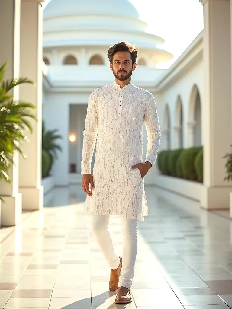 Image of White All Over Sequence work Raw Silk Elegant Kurta Pyjama Set - South India Shopping Mall