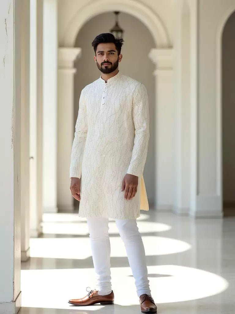 Image of White All Over Sequence work Raw Silk Elegant Kurta Pyjama Set - South India Shopping Mall