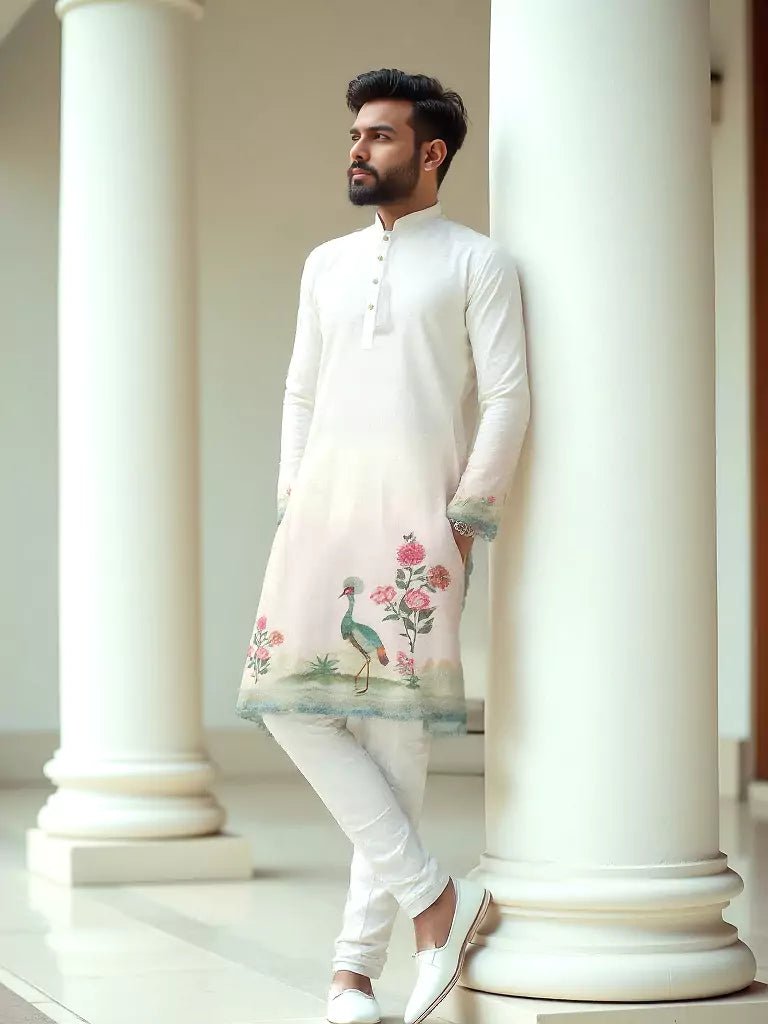 Image of White and Cream Peacock with Floral Printed Cotton Kurta Set - South India Shopping Mall