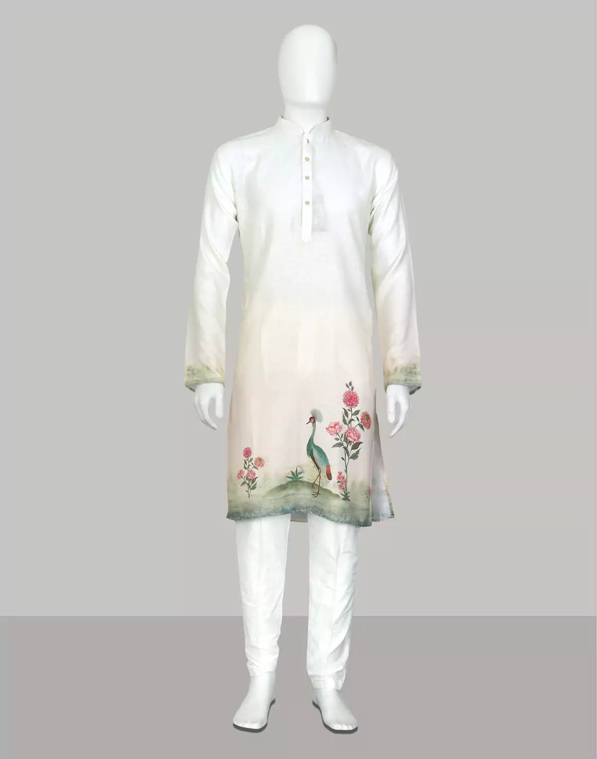 Image of White and Cream Peacock with Floral Printed Cotton Kurta Set - South India Shopping Mall