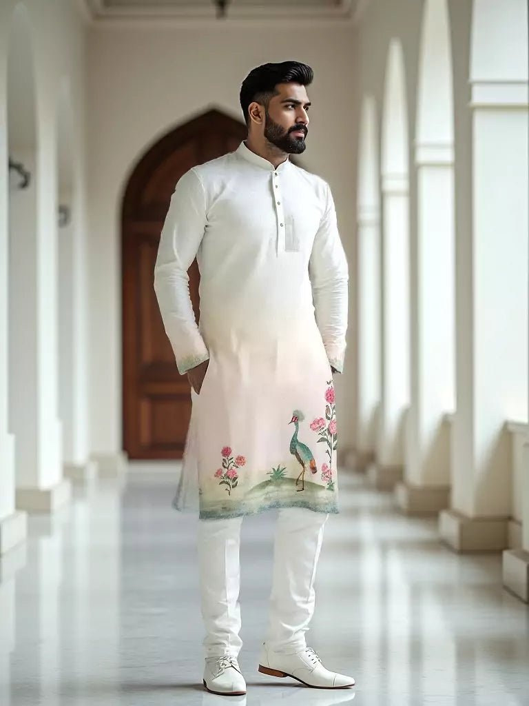 Image of White and Cream Peacock with Floral Printed Cotton Kurta Set - South India Shopping Mall