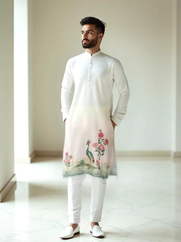Image of White and Cream Peacock with Floral Printed Cotton Kurta Set - South India Shopping Mall