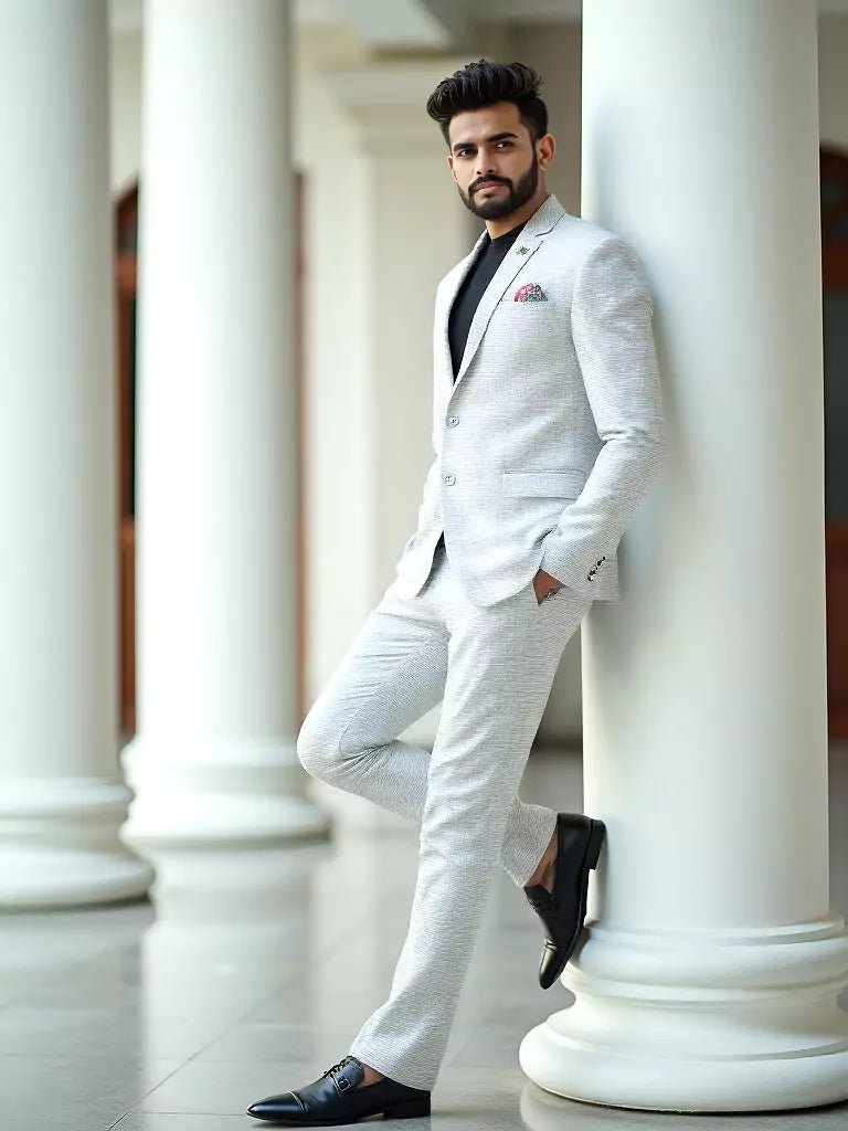 Image of White Checks Patterned Suede and Giza Cotton Blazer - South India Shopping Mall