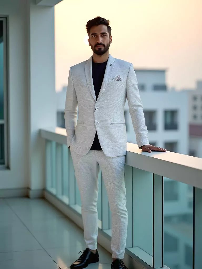 Image of White Checks Patterned Suede and Giza Cotton Blazer - South India Shopping Mall