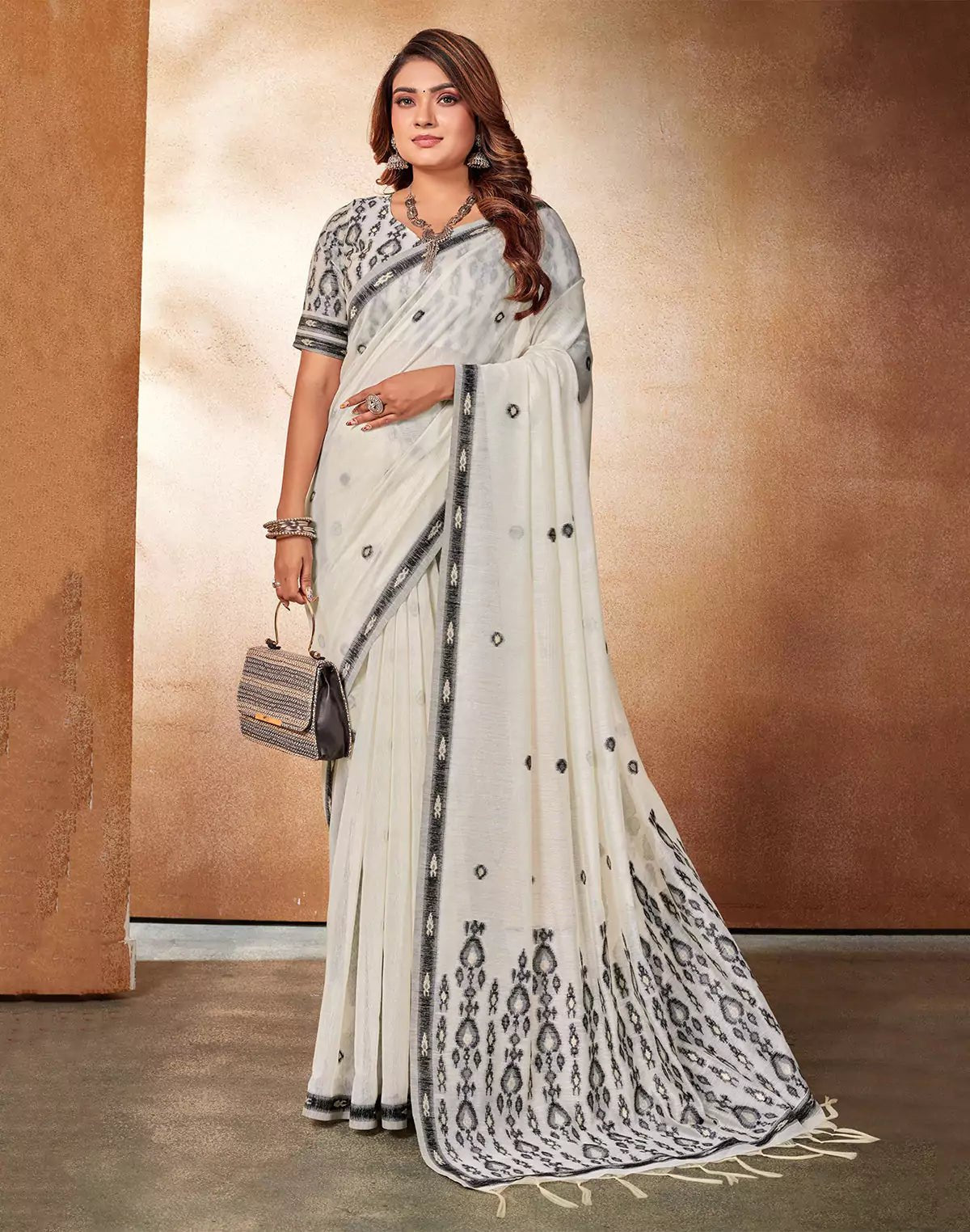 Image of White Coloured Printed Cotton Silk Saree - South India Shopping Mall