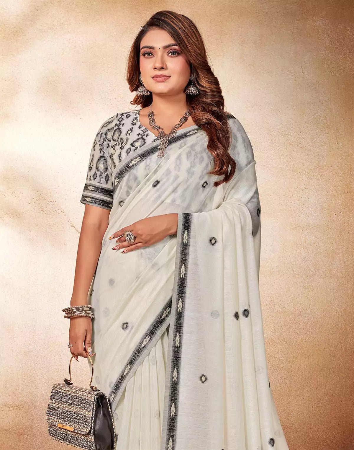 White Coloured Printed Cotton Silk Saree - South India Shopping Mall