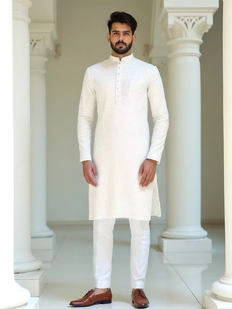 Image of White Ethnic and Embroidered work Georgette Kurta Pyjama Set - South India Shopping Mall