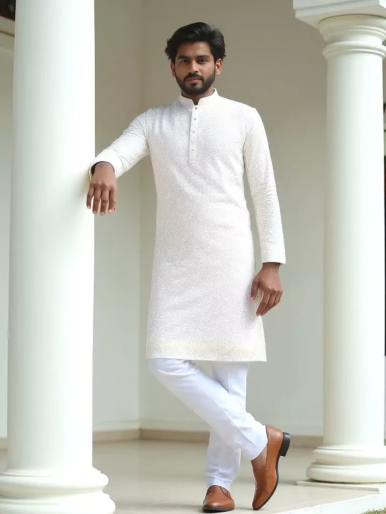 Image of White Ethnic and Embroidered work Georgette Kurta Pyjama Set - South India Shopping Mall