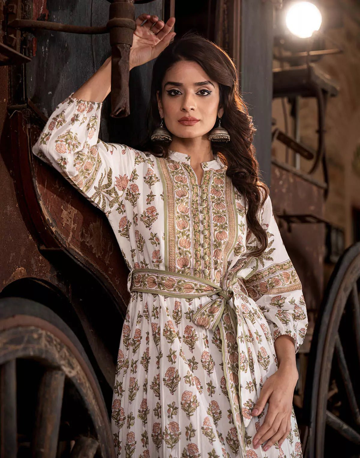 Image of White Floral Print Cotton Kurti With Belt - South India Shopping Mall