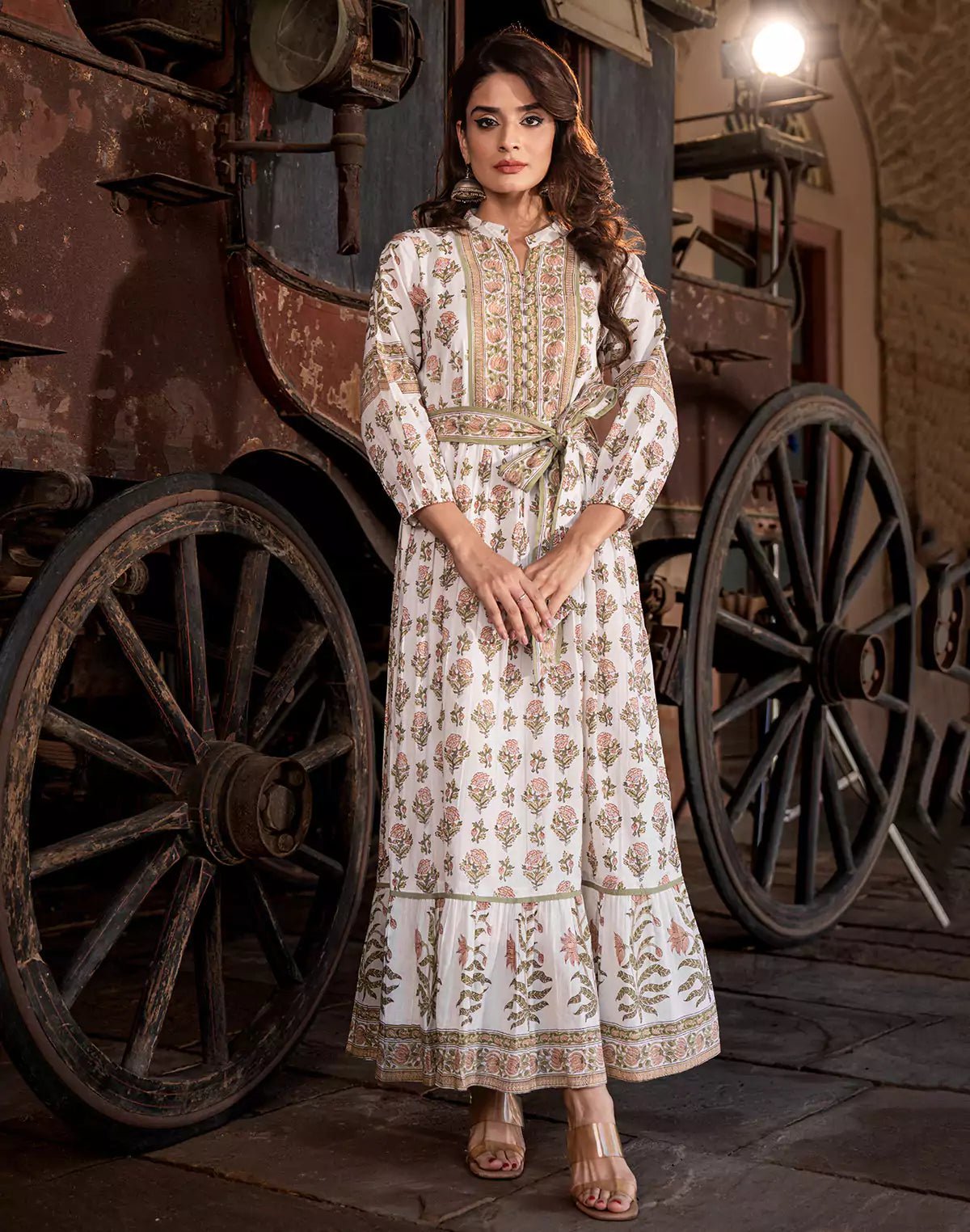 White Floral Print Cotton Kurti With Belt - South India Shopping Mall