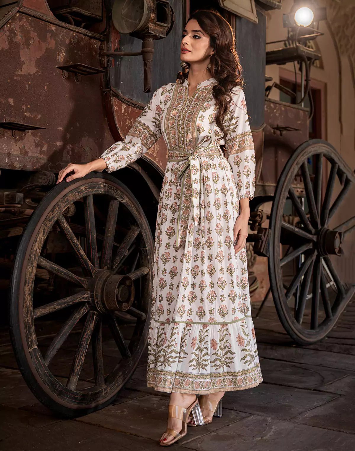 Image of White Floral Print Cotton Kurti With Belt - South India Shopping Mall