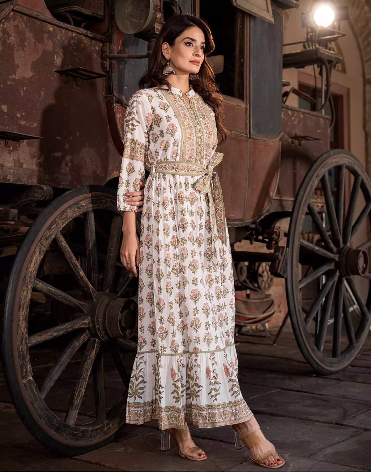White Floral Print Cotton Kurti With Belt - South India Shopping Mall