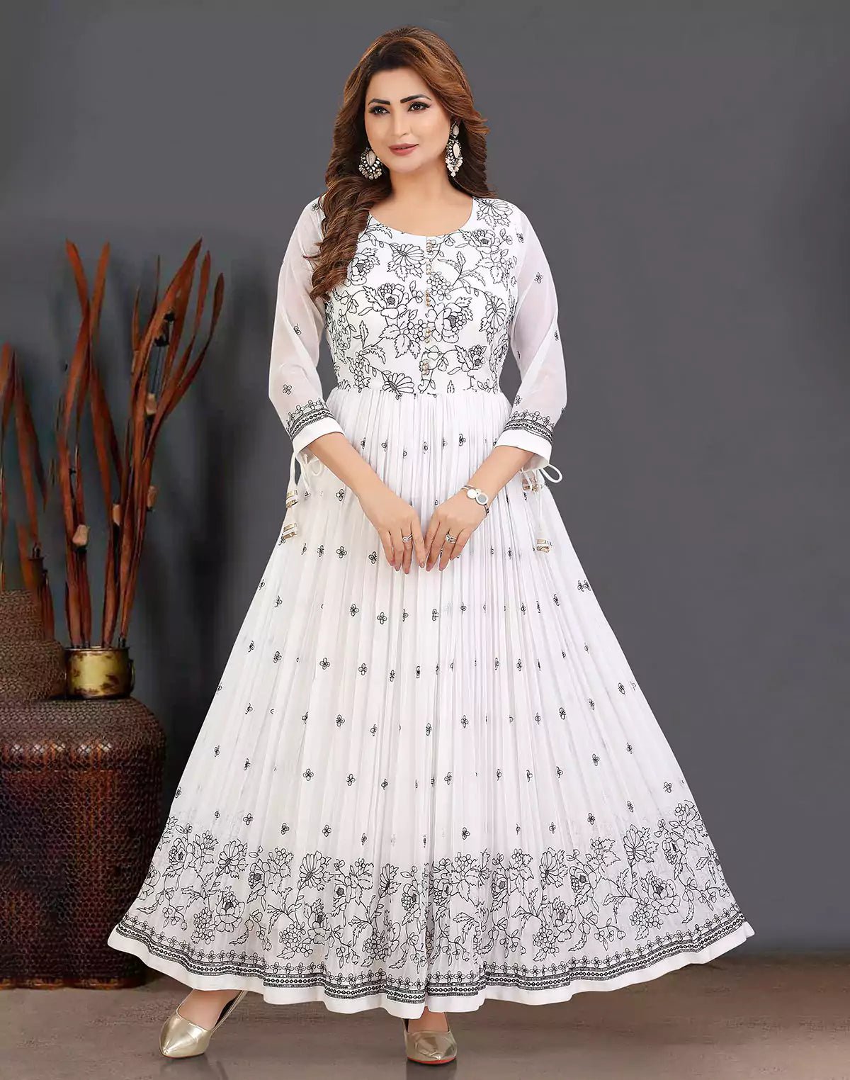 White Floral Print Georgette Kurti - South India Shopping Mall