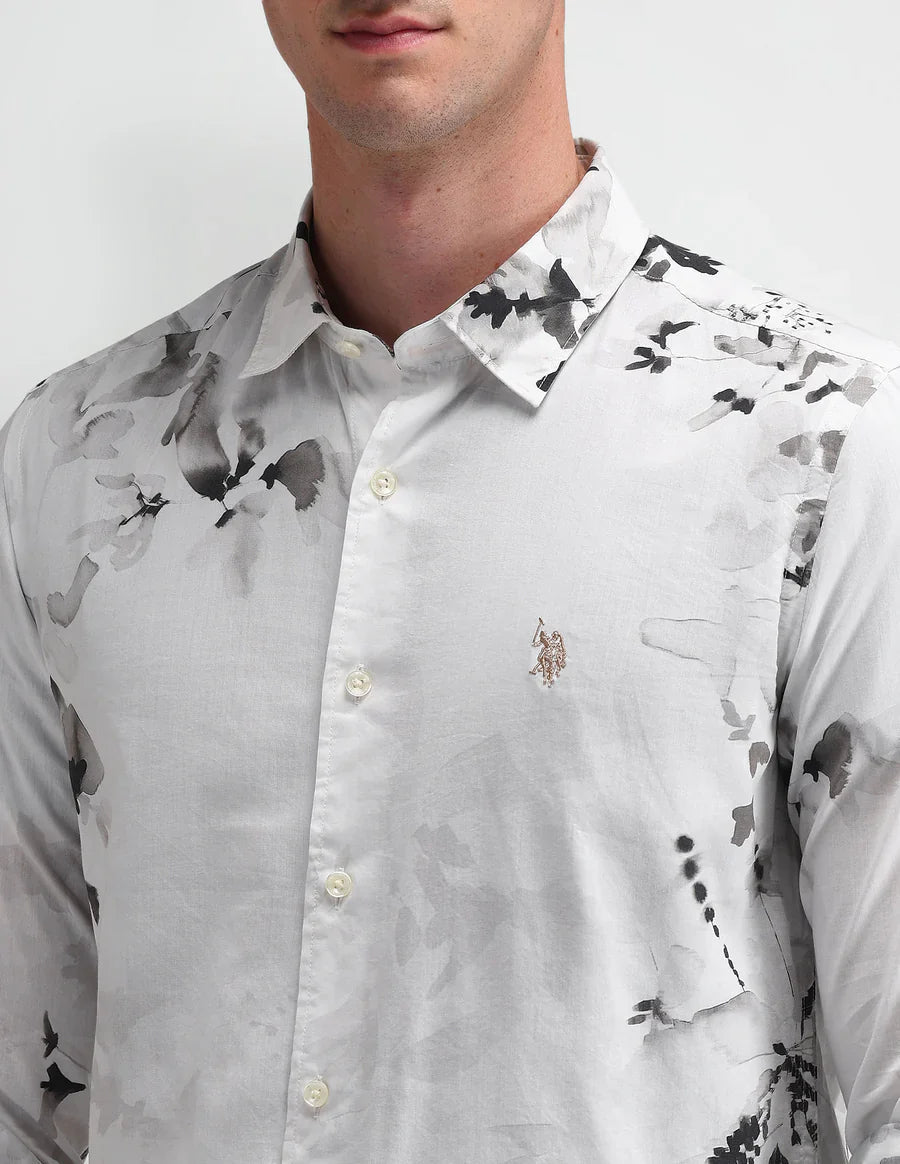 Image of White Floral Printed Denim Co Cotton Men's Shirt - South India Shopping Mall