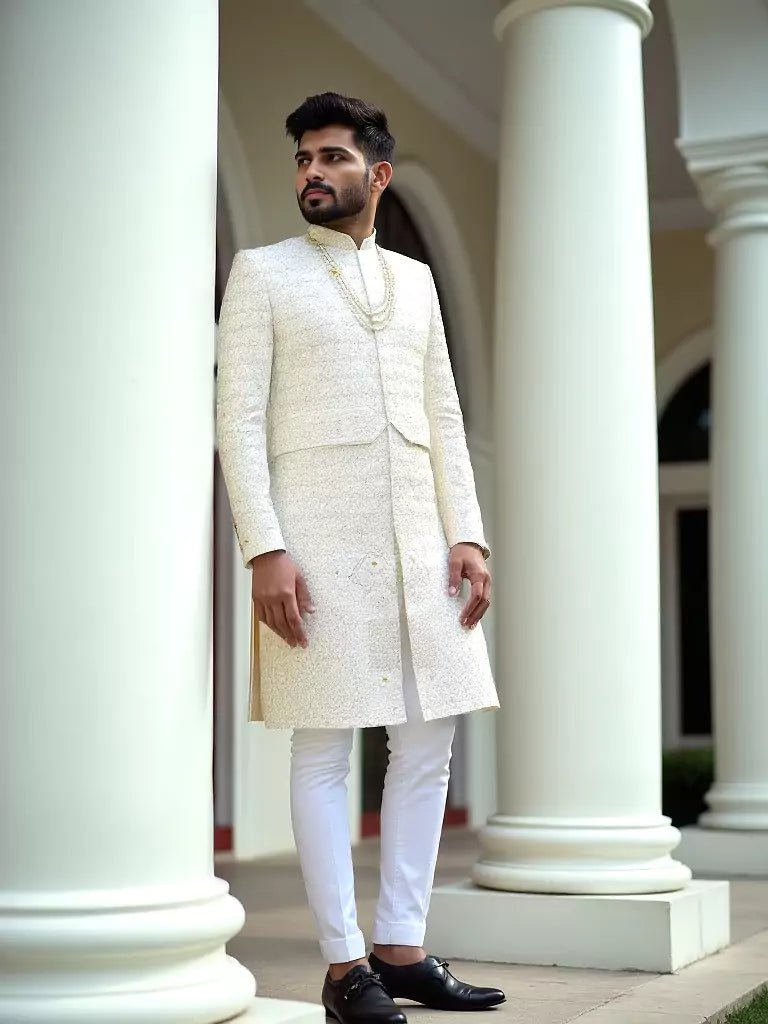 Image of White Floral Thread with Stones work Raw Silk Indo - Set - South India Shopping Mall