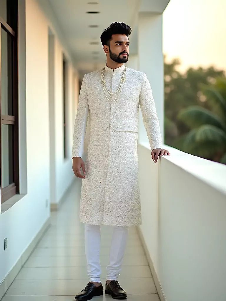 Image of White Floral Thread with Stones work Raw Silk Indo - Set - South India Shopping Mall