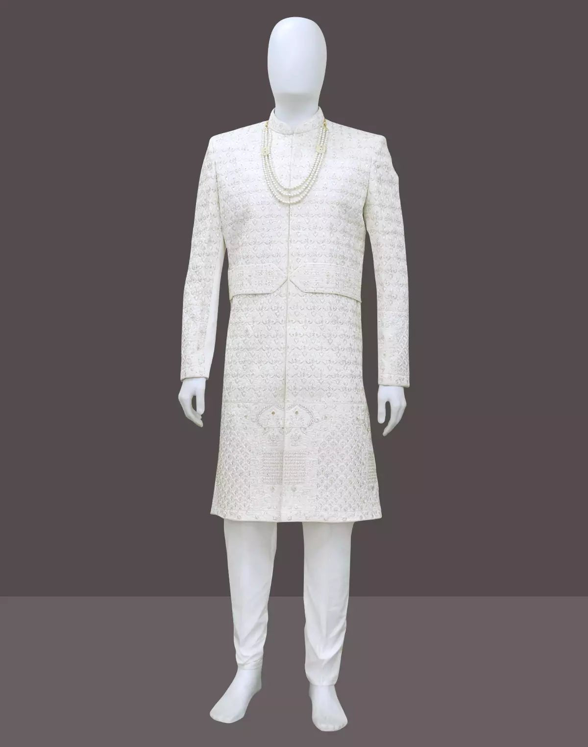 Image of White Floral Thread with Stones work Raw Silk Indo - Set - South India Shopping Mall