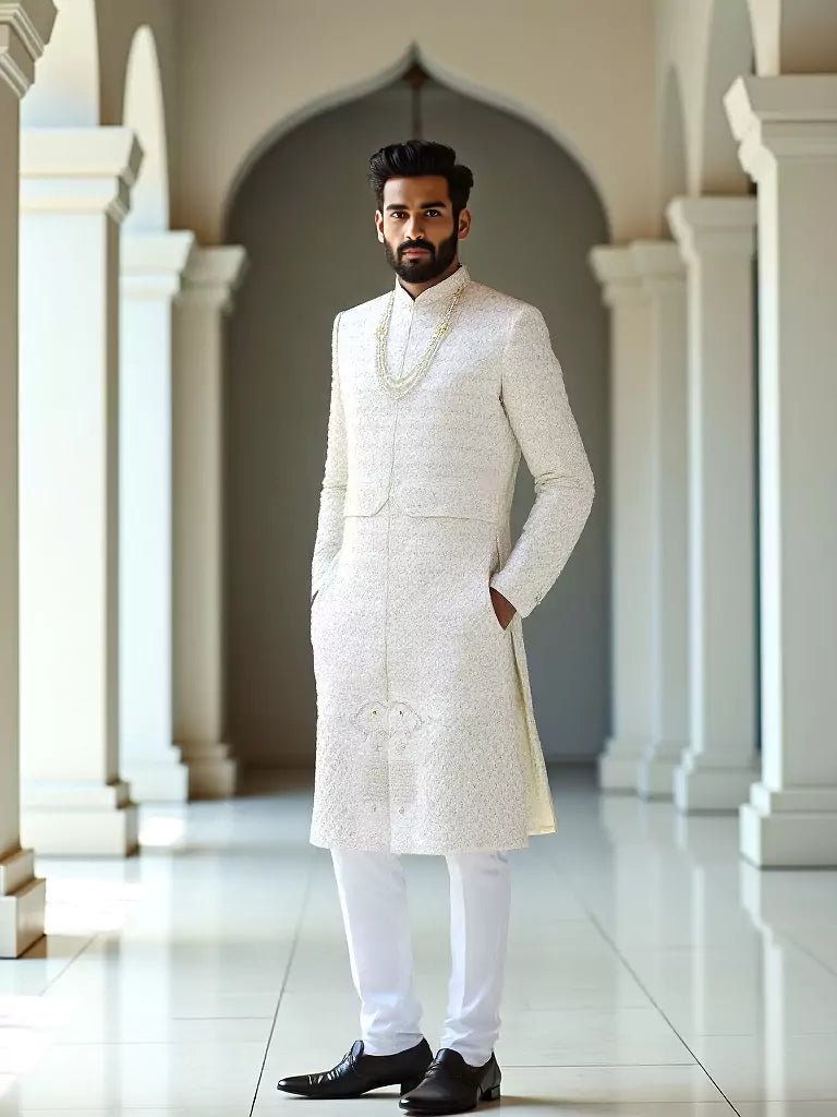 Image of White Floral Thread with Stones work Raw Silk Indo - Set - South India Shopping Mall