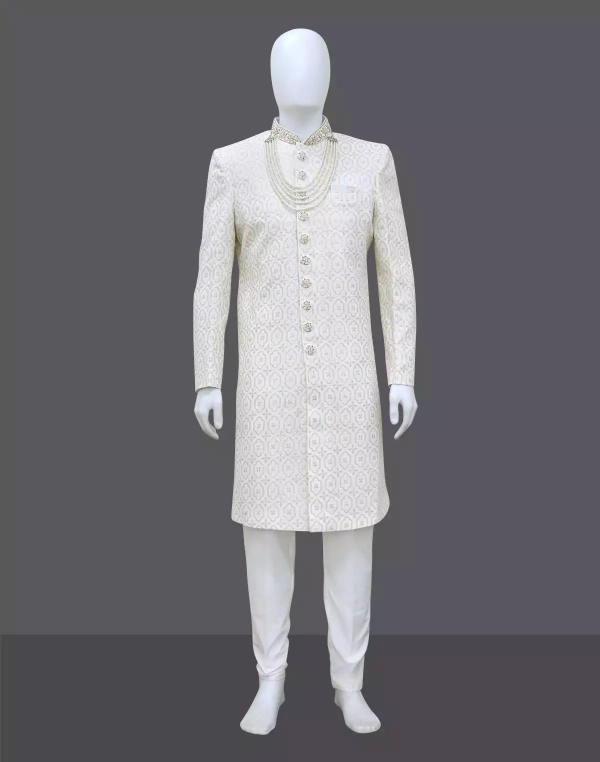 Image of White Floral Thread work Georgette Sherwani - South India Shopping Mall