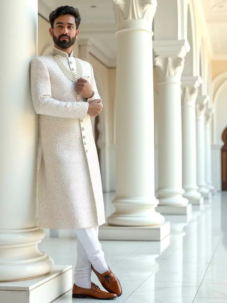 Image of White Floral Thread work Georgette Sherwani - South India Shopping Mall
