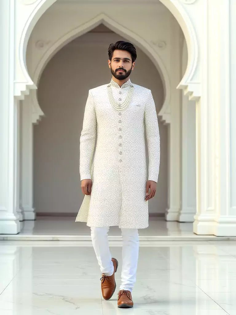 Image of White Floral Thread work Georgette Sherwani - South India Shopping Mall
