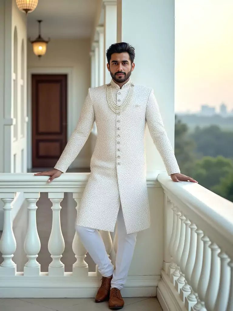 Image of White Floral Thread work Georgette Sherwani - South India Shopping Mall