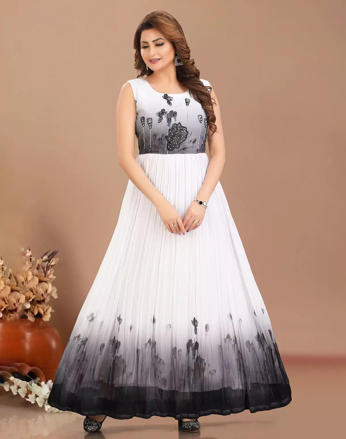 Image of White Georgette Anarkali Full Flared Long Kurti - South India Shopping Mall