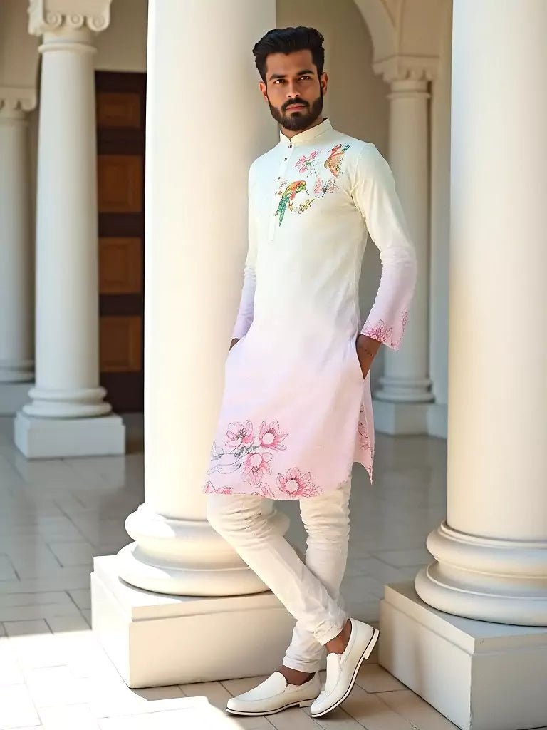 Image of White Ombre Printed Cotton Kurta Pajama - South India Shopping Mall