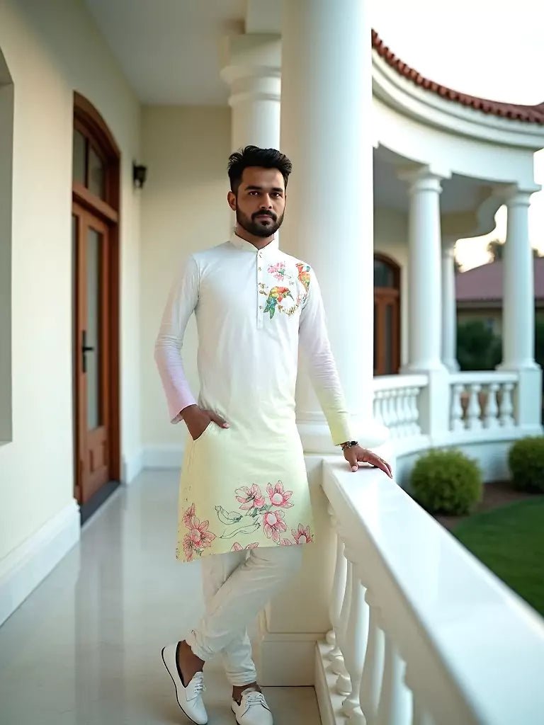 Image of White Ombre Printed Cotton Kurta Pajama - South India Shopping Mall