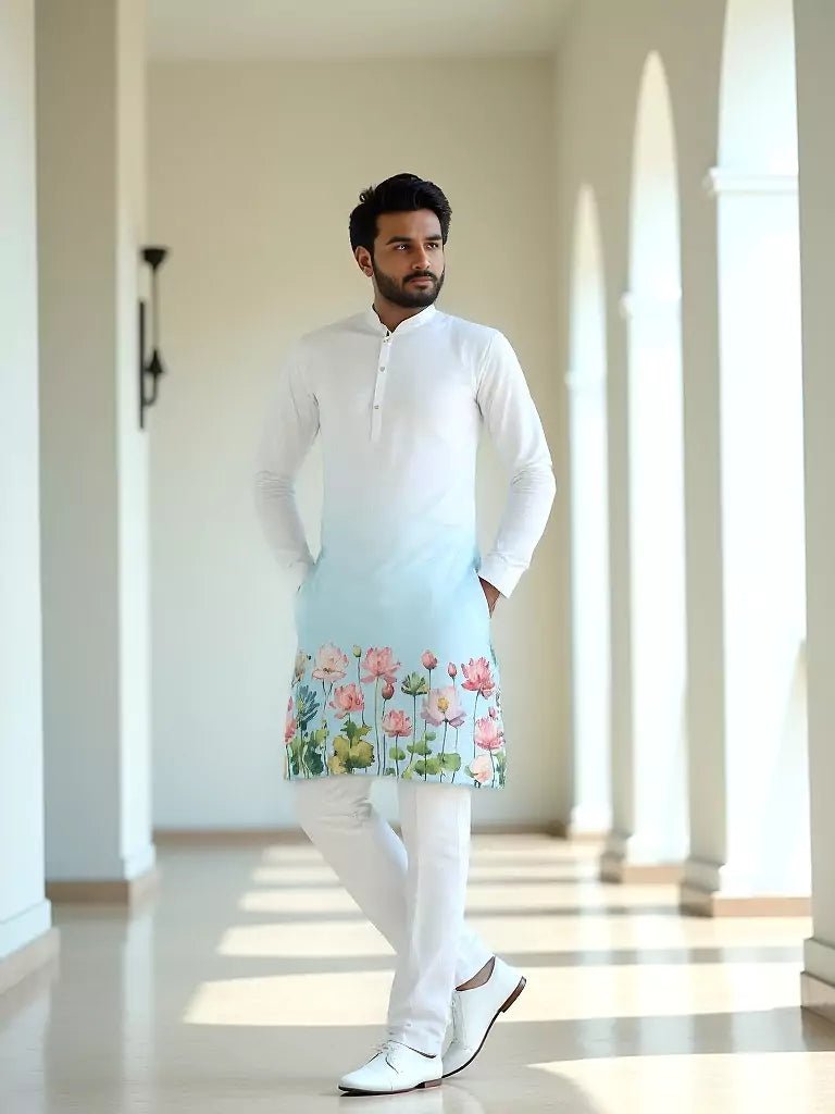 Image of White Ombre Shaded Printed Cotton Kurta Set - South India Shopping Mall