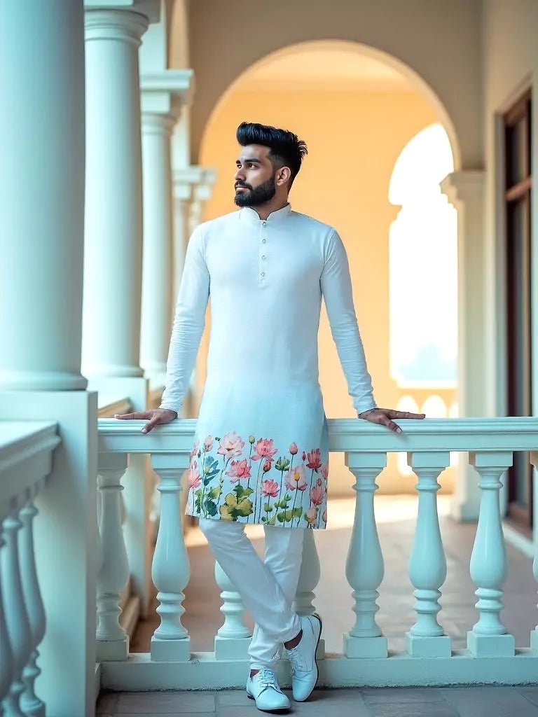 Image of White Ombre Shaded Printed Cotton Kurta Set - South India Shopping Mall