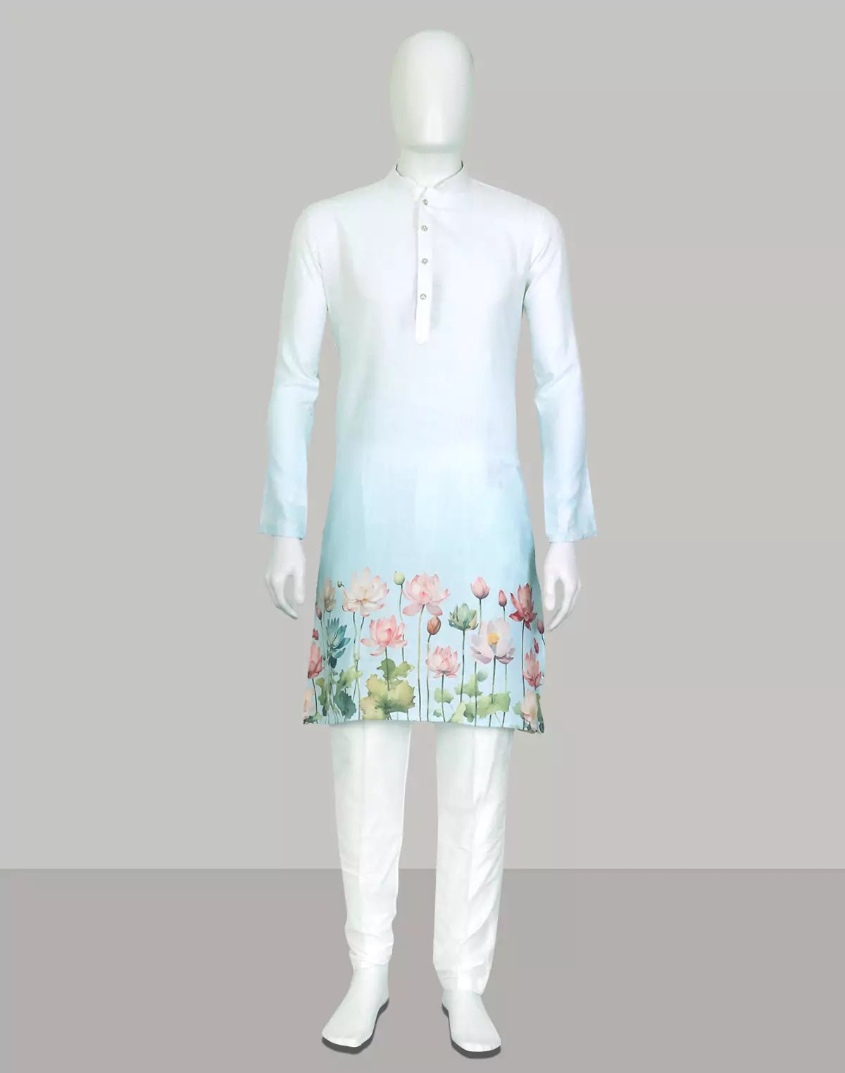 Image of White Ombre Shaded Printed Cotton Kurta Set - South India Shopping Mall