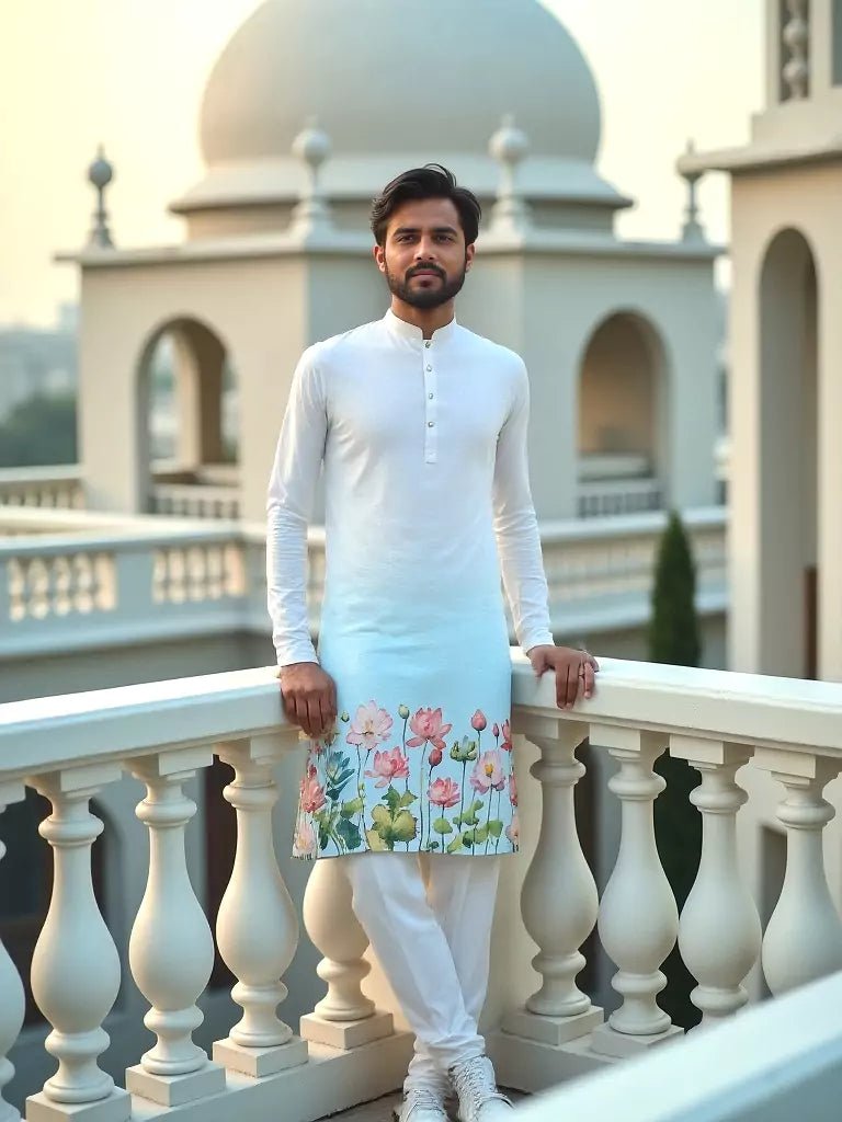 Image of White Ombre Shaded Printed Cotton Kurta Set - South India Shopping Mall