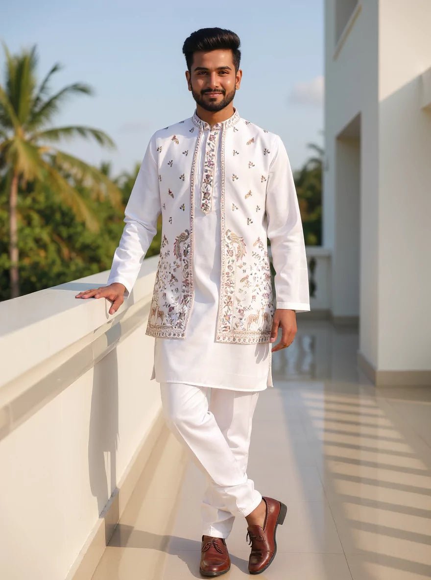 Image of White Satin Floral Design Resham work Kurta Jacket Set - South India Shopping Mall