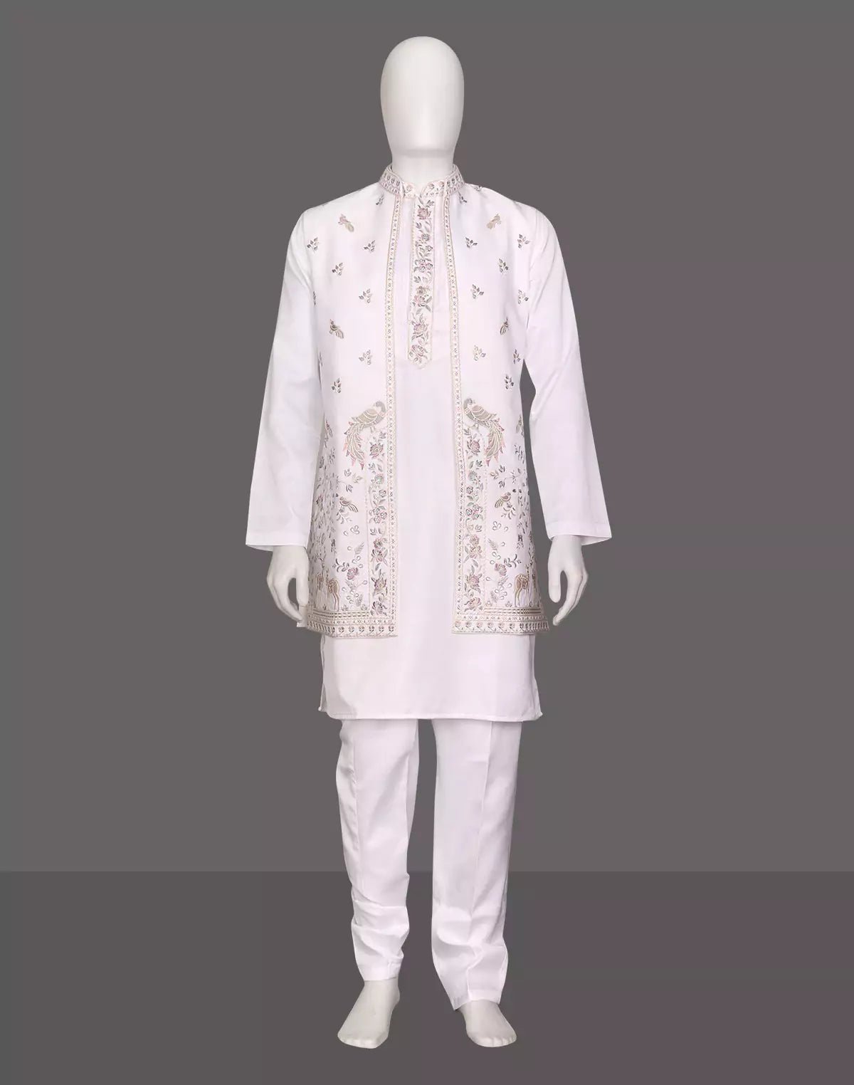 Image of White Satin Floral Design Resham work Kurta Jacket Set - South India Shopping Mall