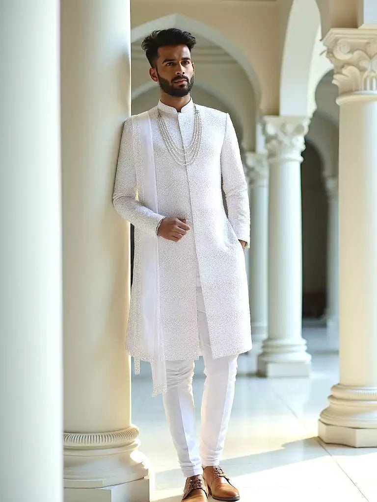 Image of White Self Patterned Thread with Stones Georgette Indo Set Stylish Dupatta - South India Shopping Mall