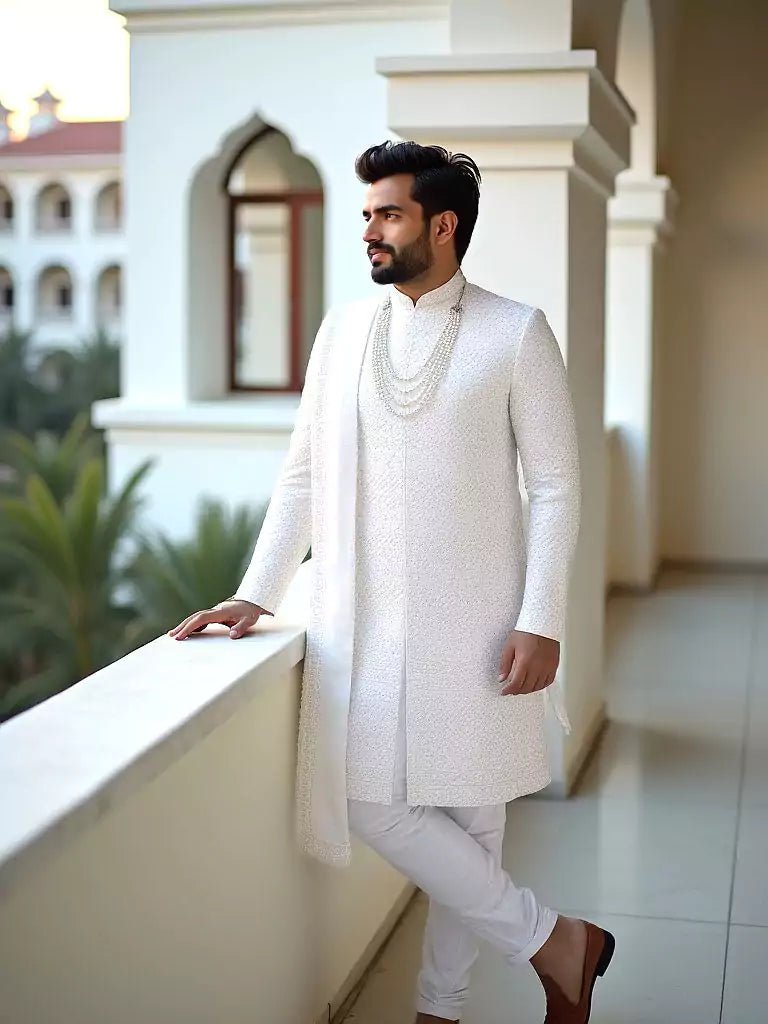 Image of White Self Patterned Thread with Stones Georgette Indo Set Stylish Dupatta - South India Shopping Mall
